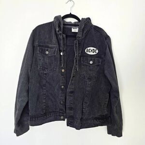 ACDC Denim Jacket Women's Large Black 100% Cotton Flap Pockets Hooded Drawstring
